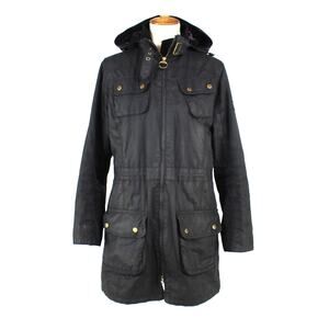 Barbour International Black Waxed Parka Jacket Cotton Hooded Pockets Zip Up 8